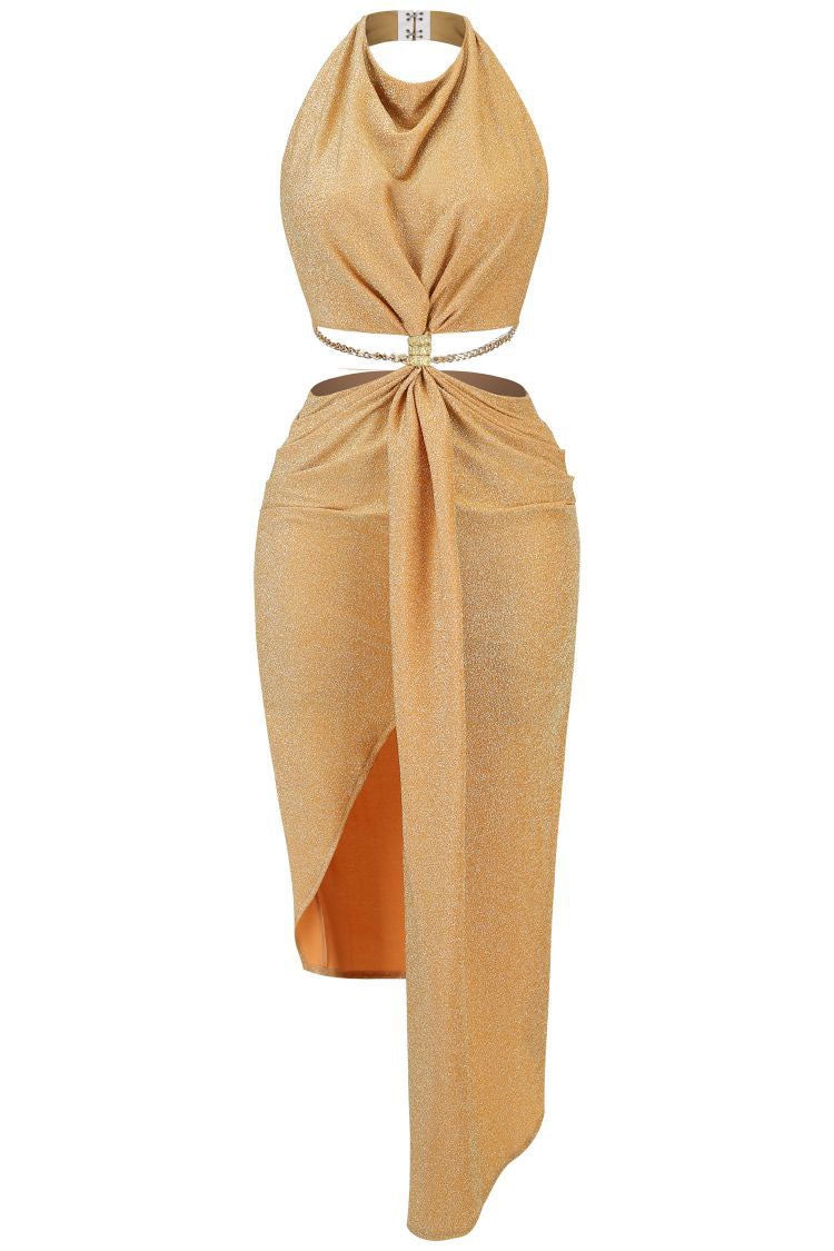 Chain Sparkly Link Cutout Draped Halter Midi Dress - Champagne