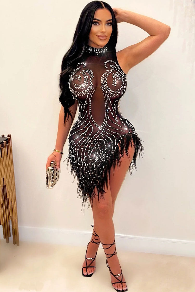Sequined Crystal Beaded Sleeveless Sheer Mesh Feather Club Mini Dress - Black