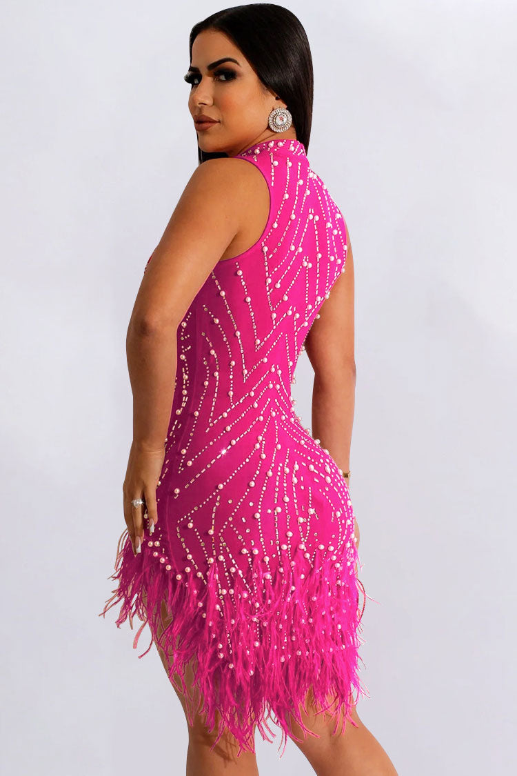 Glam Crystal Beaded Sleeveless Sheer Mesh Feather Club Mini Dress - Pink