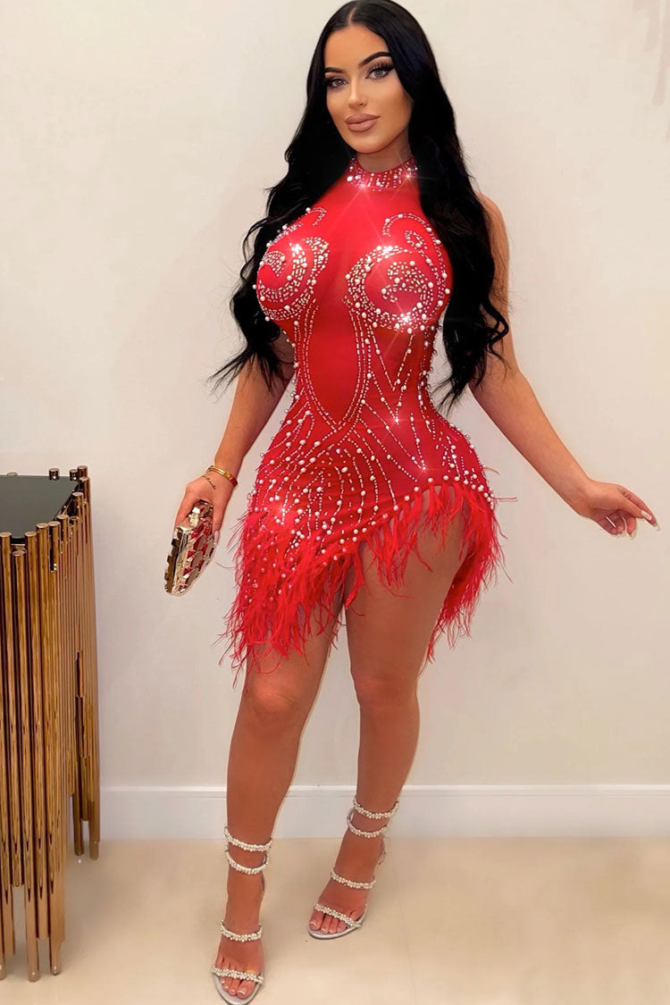 Sequined Crystal Beaded Sleeveless Sheer Mesh Feather Club Mini Dress - Red