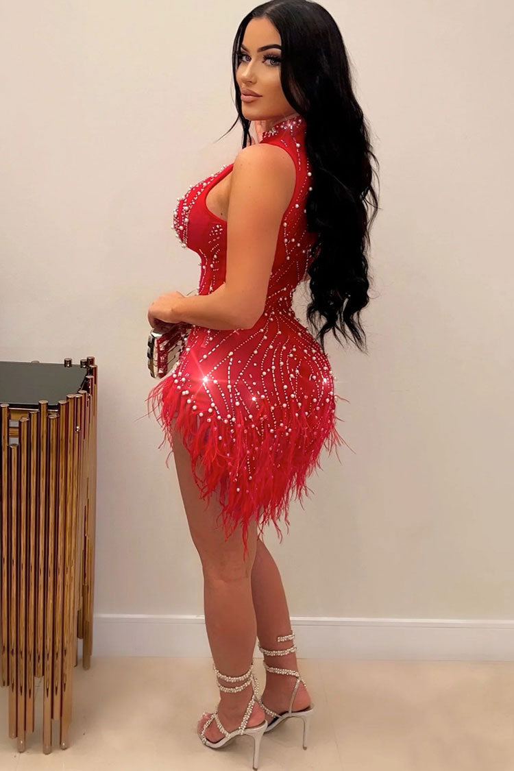 Sequined Crystal Beaded Sleeveless Sheer Mesh Feather Club Mini Dress - Red