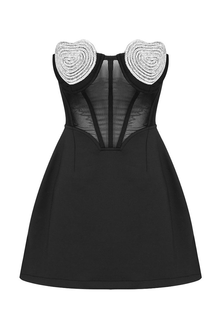 Glam Crystal Heart Shape Semi Sheer Strapless Party Mini Dress - Black