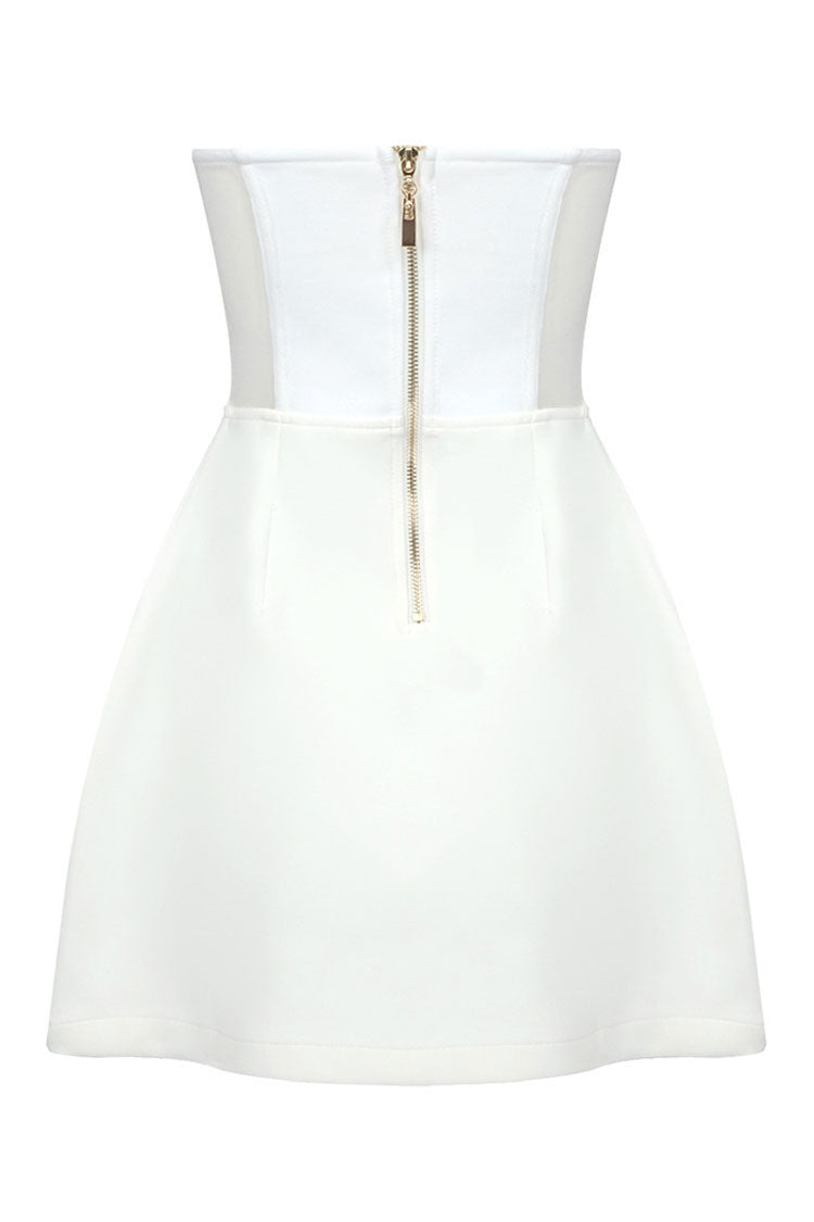 Sequined Crystal Heart Shape Semi Sheer Strapless Party Mini Dress - White