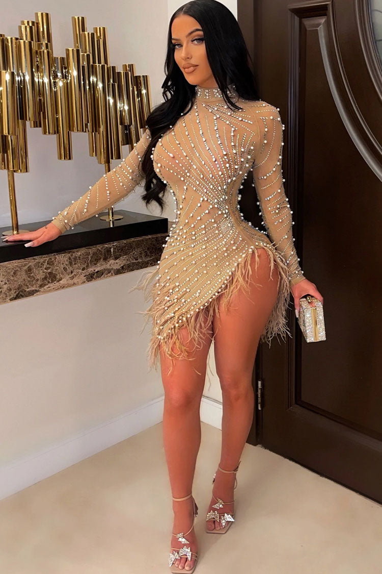 Sequined Crystal High Neck Sheer Mesh Bodycon Feather Party Mini Dress - Apricot