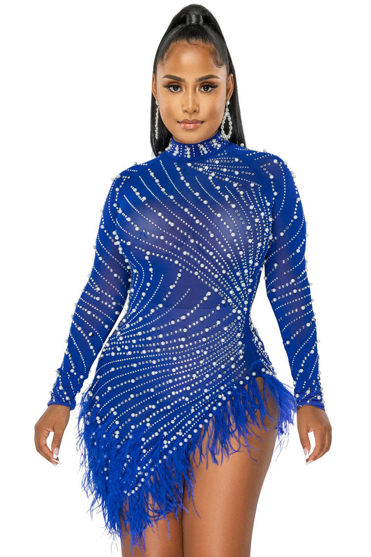 Glam Crystal High Neck Sheer Mesh Bodycon Feather Party Mini Dress - Blue