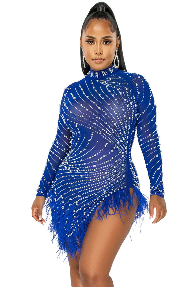 Glam Crystal High Neck Sheer Mesh Bodycon Feather Party Mini Dress - Blue