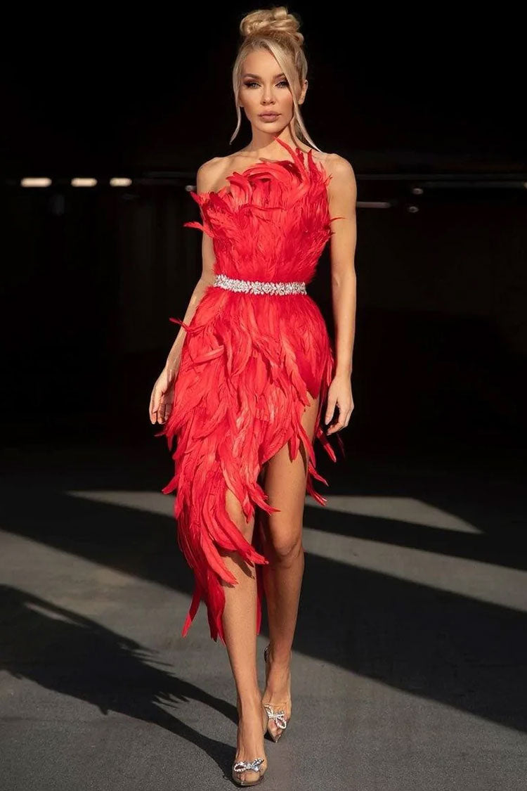 Crystal Sparkly One Shoulder High Slit Feather Midi Dress - Red