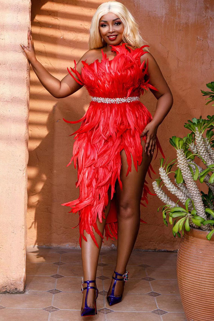 Crystal Sparkly One Shoulder High Slit Feather Midi Dress - Red