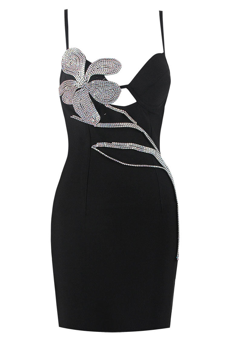 Shimmer Crystal Petal Embellished Bandage Slip Mini Dress - Black