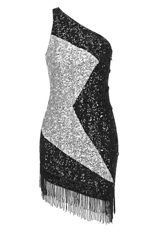 Shimmer Crystal Sequin Contrast One Shoulder Fringe Flapper Mini Dress - Black