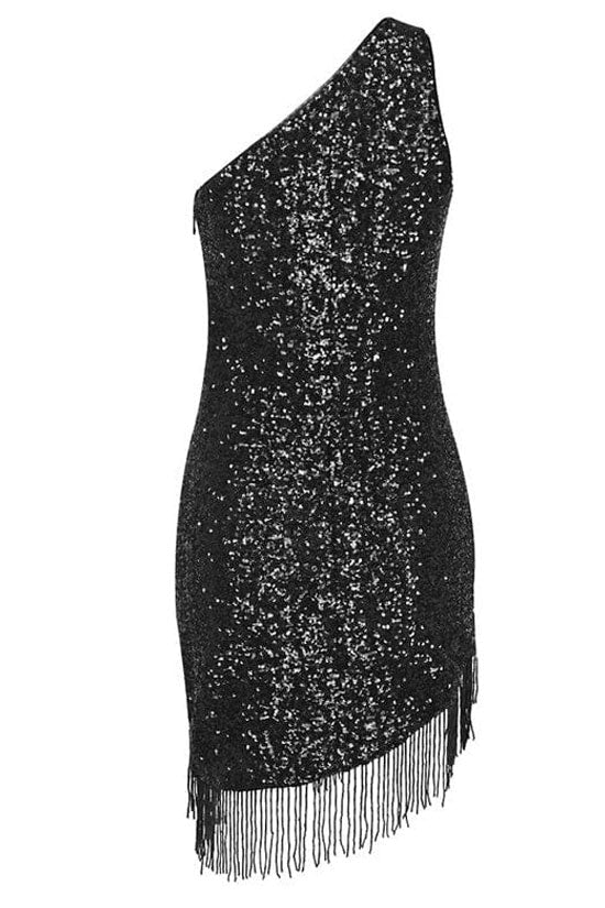 Shimmer Crystal Sequin Contrast One Shoulder Fringe Flapper Mini Dress - Black