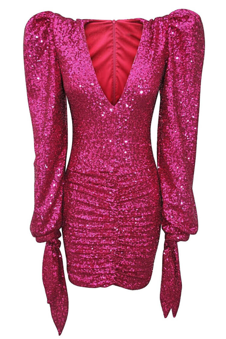 Shimmer Deep V Bow Tie Puff Sleeve Ruched Bodycon Sequin Party Mini Dress - Hot Pink