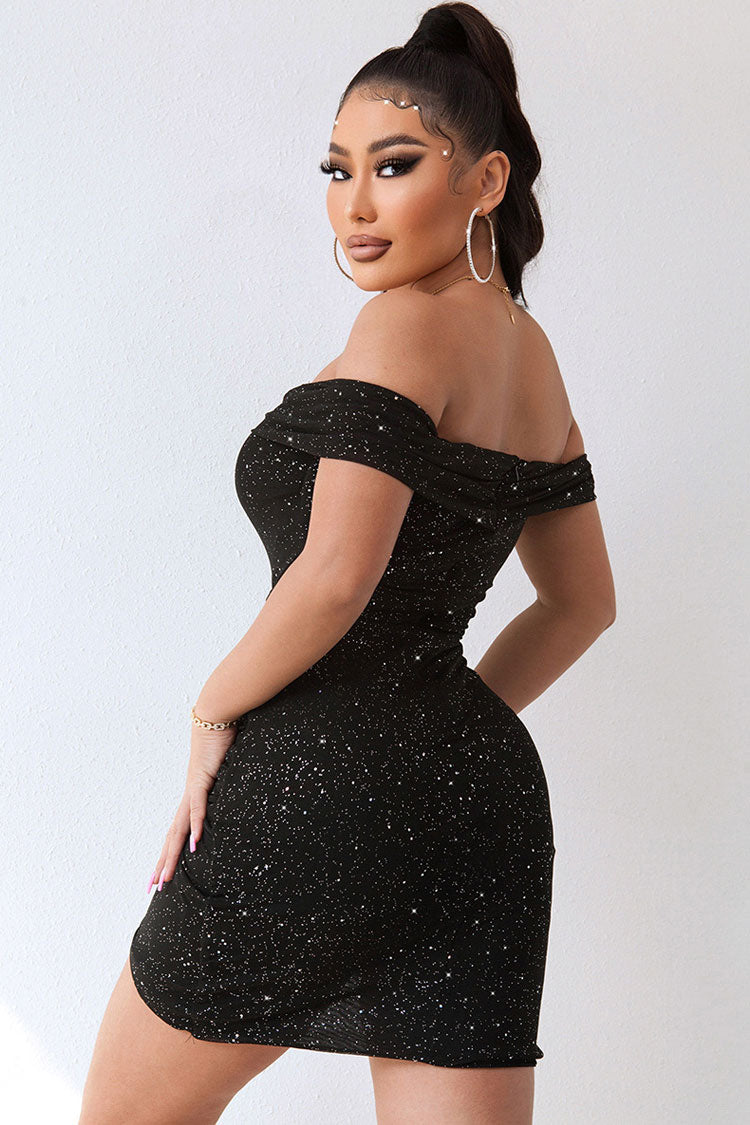 Glam Deep V Off The Shoulder Ruched Bodycon Party Mini Dress - Black
