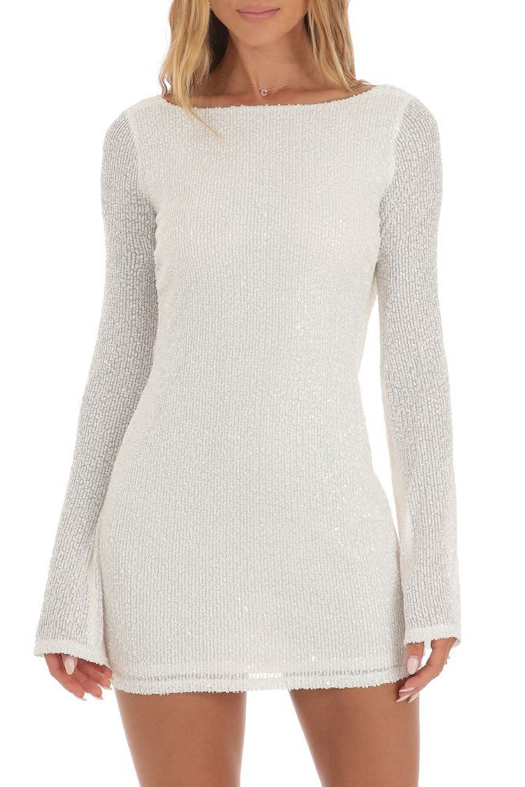 Shimmer Draped Backless Bell Sleeve Bodycon Sequin Party Mini Dress - White