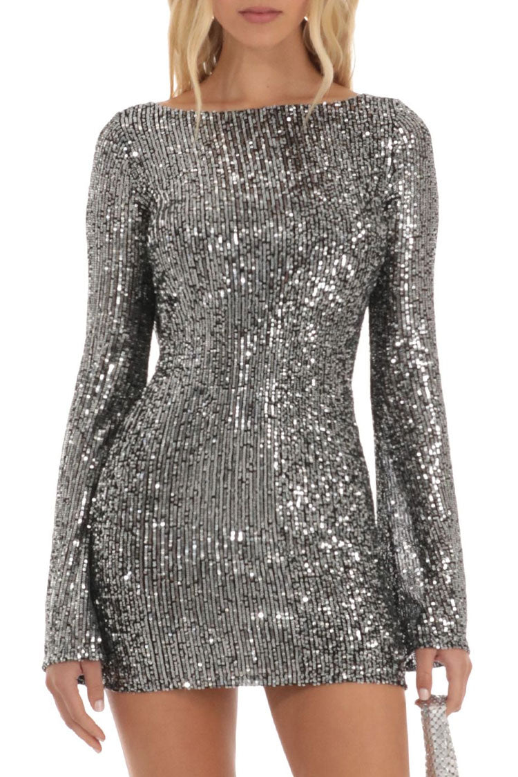 Glam Draped Backless Bell Sleeve Bodycon Sequin Party Mini Dress - Gray