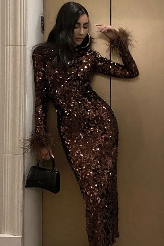 Feather Sparkly Trim Long Sleeve Velvet Sequin Midi Dress - Chocolate