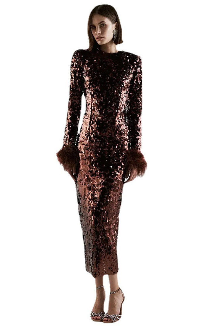Feather Sparkly Trim Long Sleeve Velvet Sequin Midi Dress - Chocolate