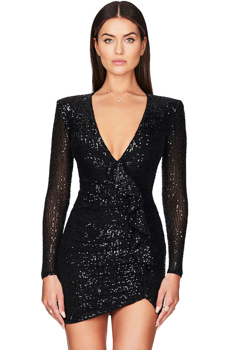 Shimmer Galaxy Long Sleeve Ruffle Deep V Sequin Mini Dress - Black
