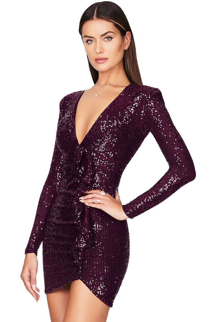 Glam Galaxy Long Sleeve Ruffle Deep V Sequin Mini Dress - Burgundy