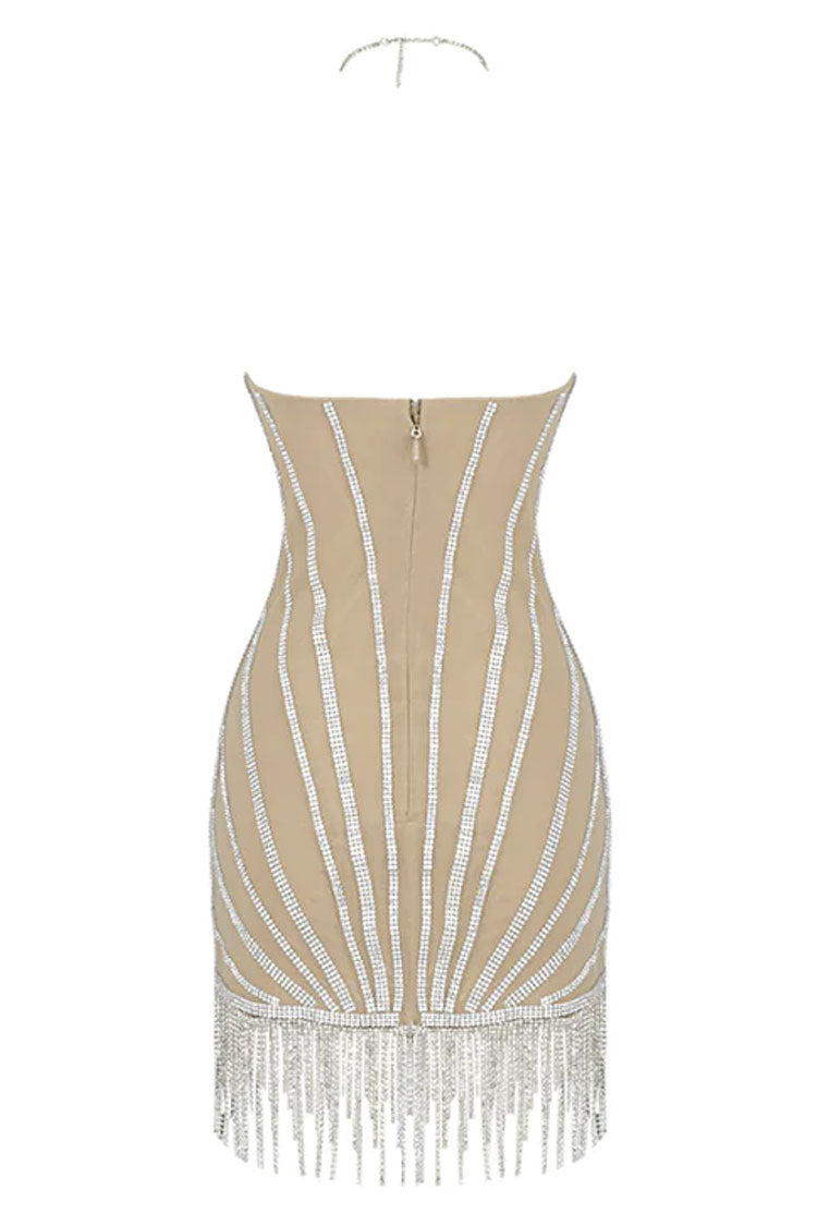 Glam Gatsby Rhinestone Fringe Trim Halter Mini Dress - Silver
