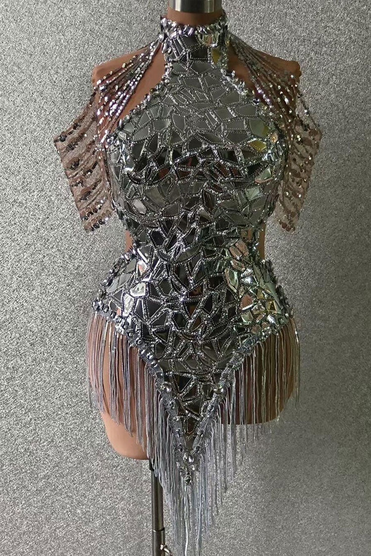 Sequined Halter Neck Cold Shoulder Backless Sequin Fringe Party Mini Dress - Silver