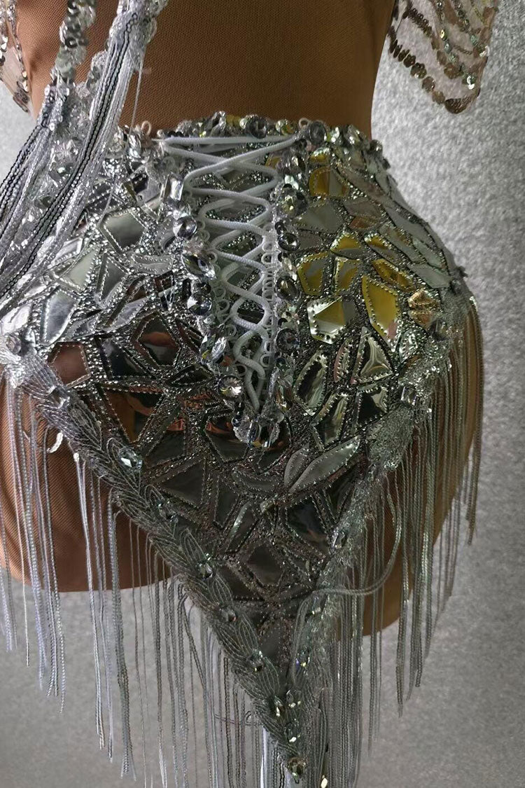 Sequined Halter Neck Cold Shoulder Backless Sequin Fringe Party Mini Dress - Silver