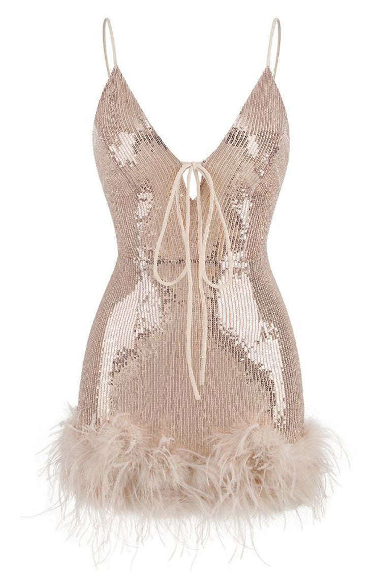 Glam Halter Neck Spaghetti Strap Feather Trim Sequin Party Mini Dress - Pink