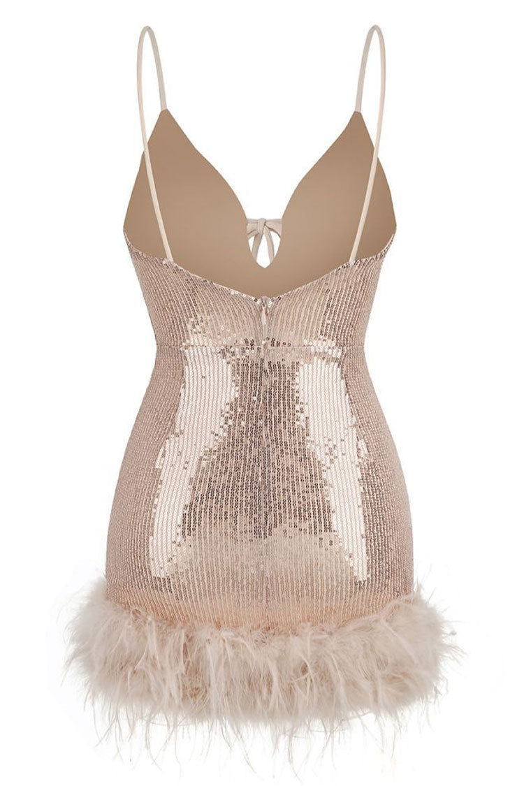 Glam Halter Neck Spaghetti Strap Feather Trim Sequin Party Mini Dress - Pink