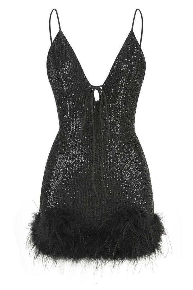 Glam Halter Neck Spaghetti Strap Feather Trim Sequin Party Mini Dress - Black
