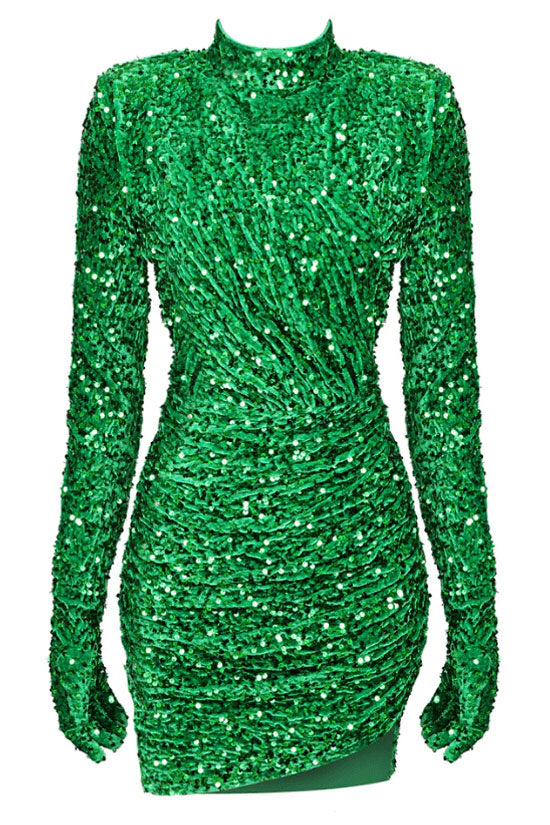 Shimmer High Neck Glove Sleeve Ruched Velvet Sequin Party Mini Dress - Emerald Green