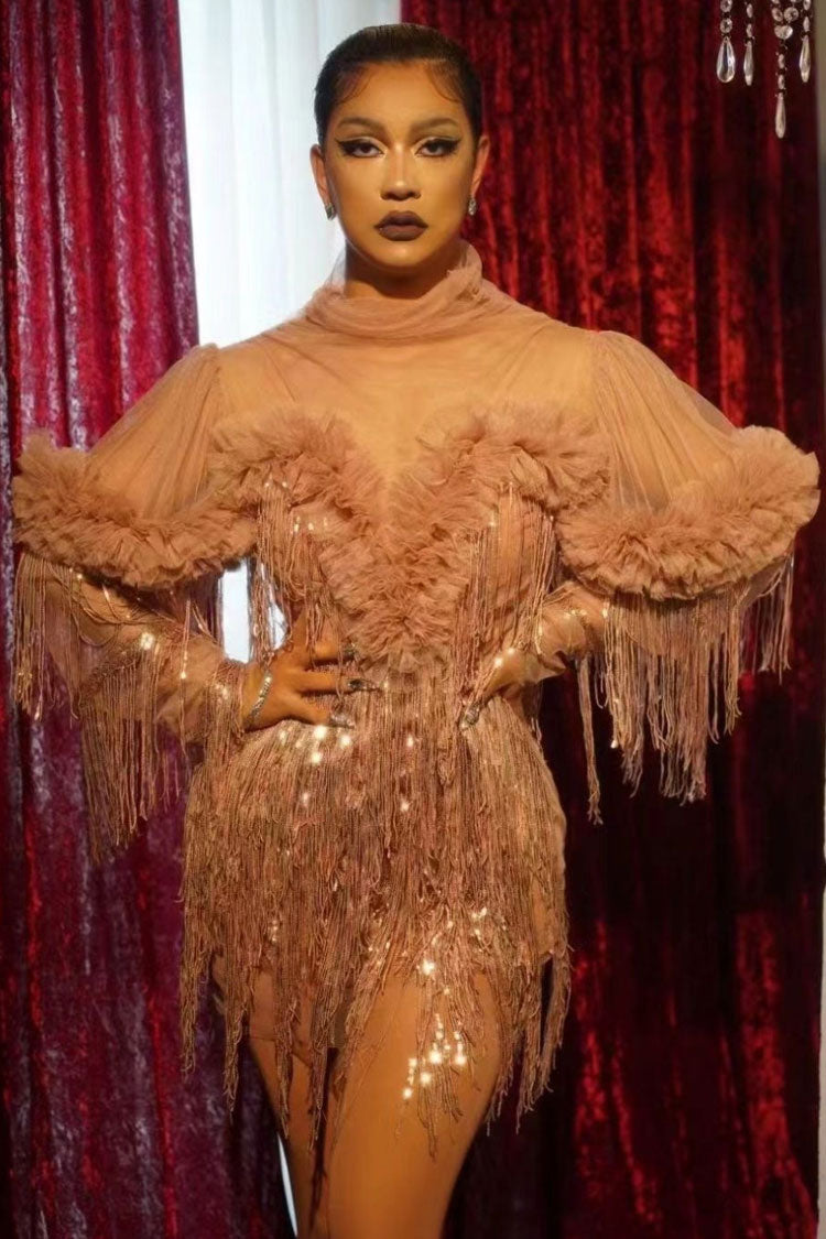 Shimmer High Neck Ruffle Sheer Tulle Layered Sequin Fringe Mini Dress - Dusty Pink
