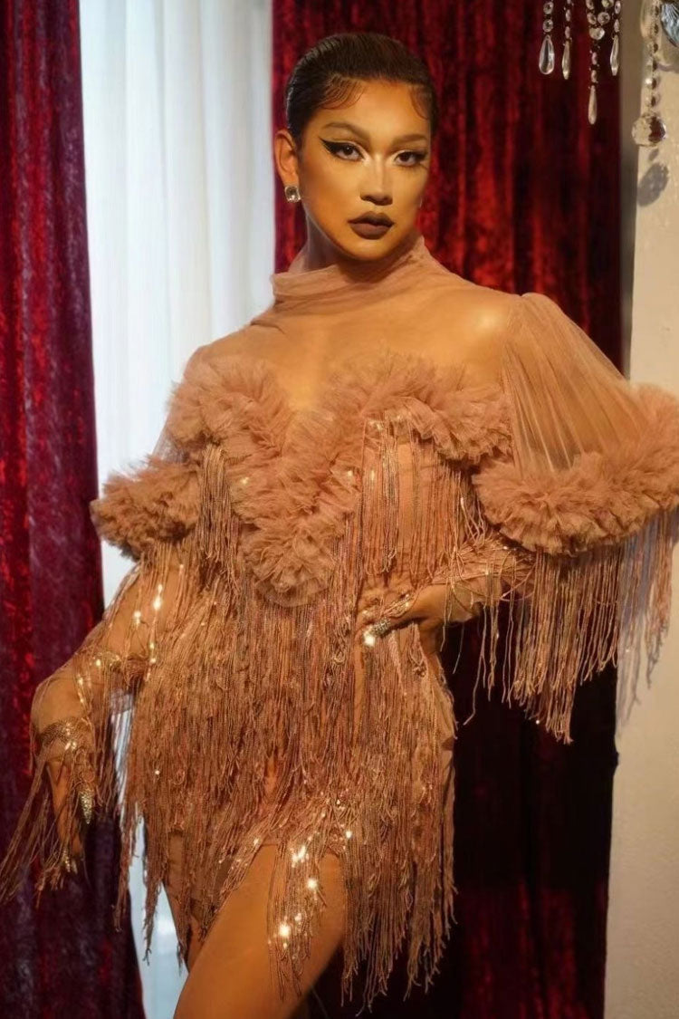 Shimmer High Neck Ruffle Sheer Tulle Layered Sequin Fringe Mini Dress - Dusty Pink