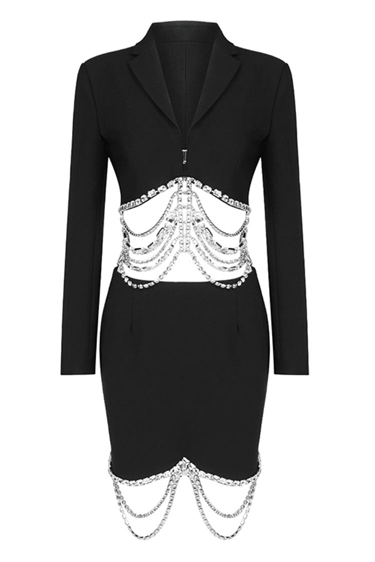 Shimmer Layered Rhinestone Crop Blazer Two Piece Mini Dress - Black