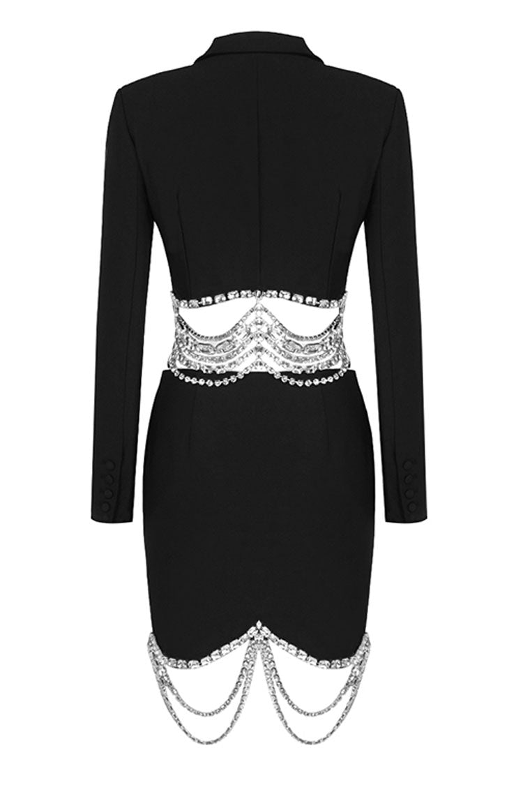 Shimmer Layered Rhinestone Crop Blazer Two Piece Mini Dress - Black