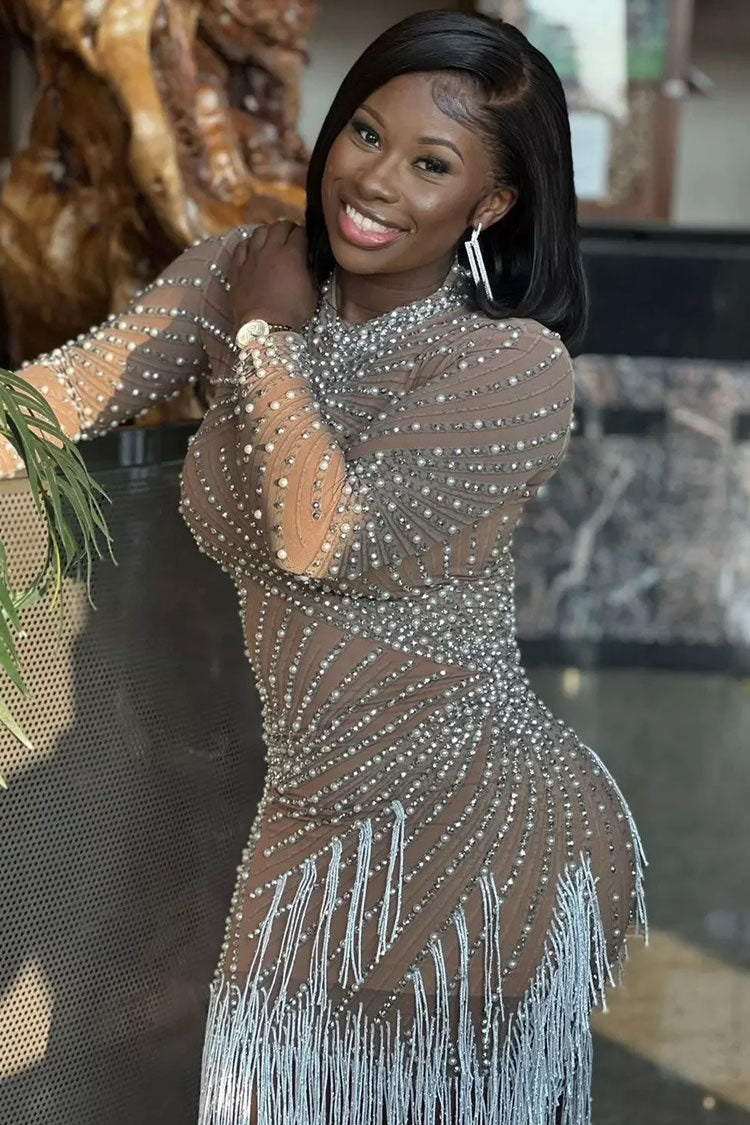 Glam Long Sleeve Pearl Rhinestone Fringe Sheer Mesh Party Mini Dress - Brown