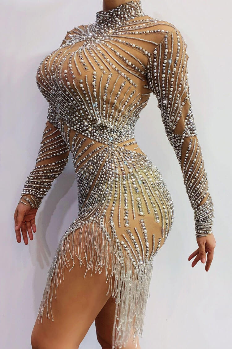 Glam Long Sleeve Pearl Rhinestone Fringe Sheer Mesh Party Mini Dress - Brown