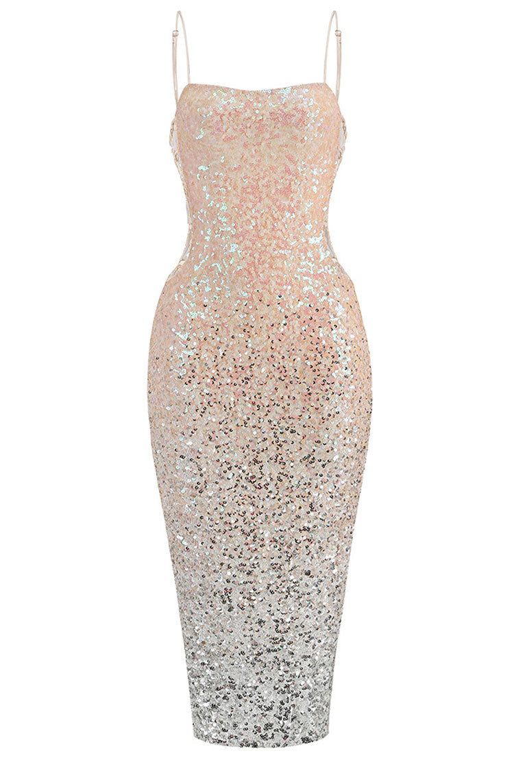 Ombre Sparkly Sequin Spaghetti Strap Cutout Side Cocktail Midi Dress - Pink