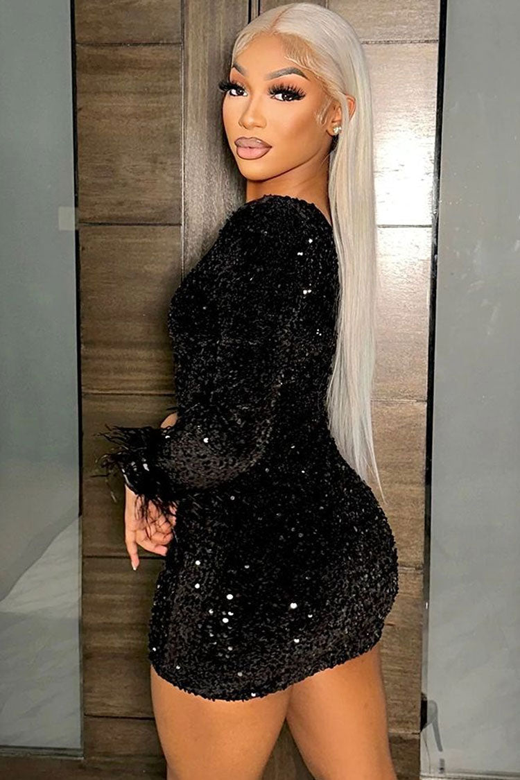 Sequined One Shoulder Bodycon Velvet Feather Sequin Party Mini Dress - Black
