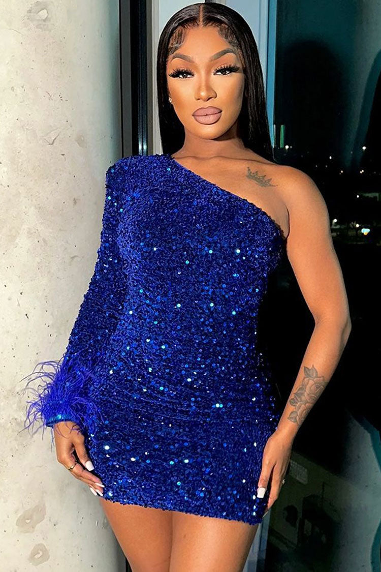 Shimmer One Shoulder Bodycon Velvet Feather Sequin Party Mini Dress - Royal Blue