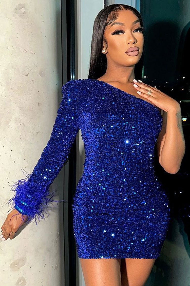 Shimmer One Shoulder Bodycon Velvet Feather Sequin Party Mini Dress - Royal Blue