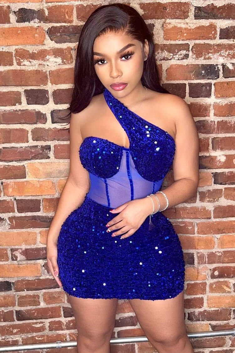 Shimmer One Shoulder Mesh Velvet Sequin Bodycon Party Mini Dress - Blue