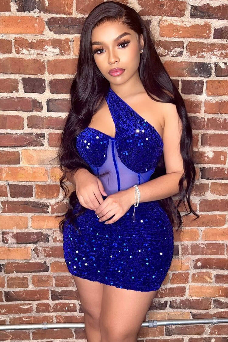 Shimmer One Shoulder Mesh Velvet Sequin Bodycon Party Mini Dress - Blue
