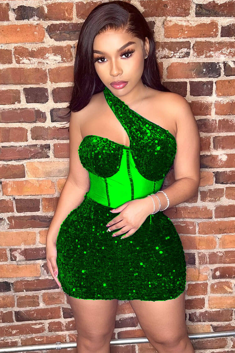 Sequined One Shoulder Mesh Velvet Sequin Bodycon Party Mini Dress - Green