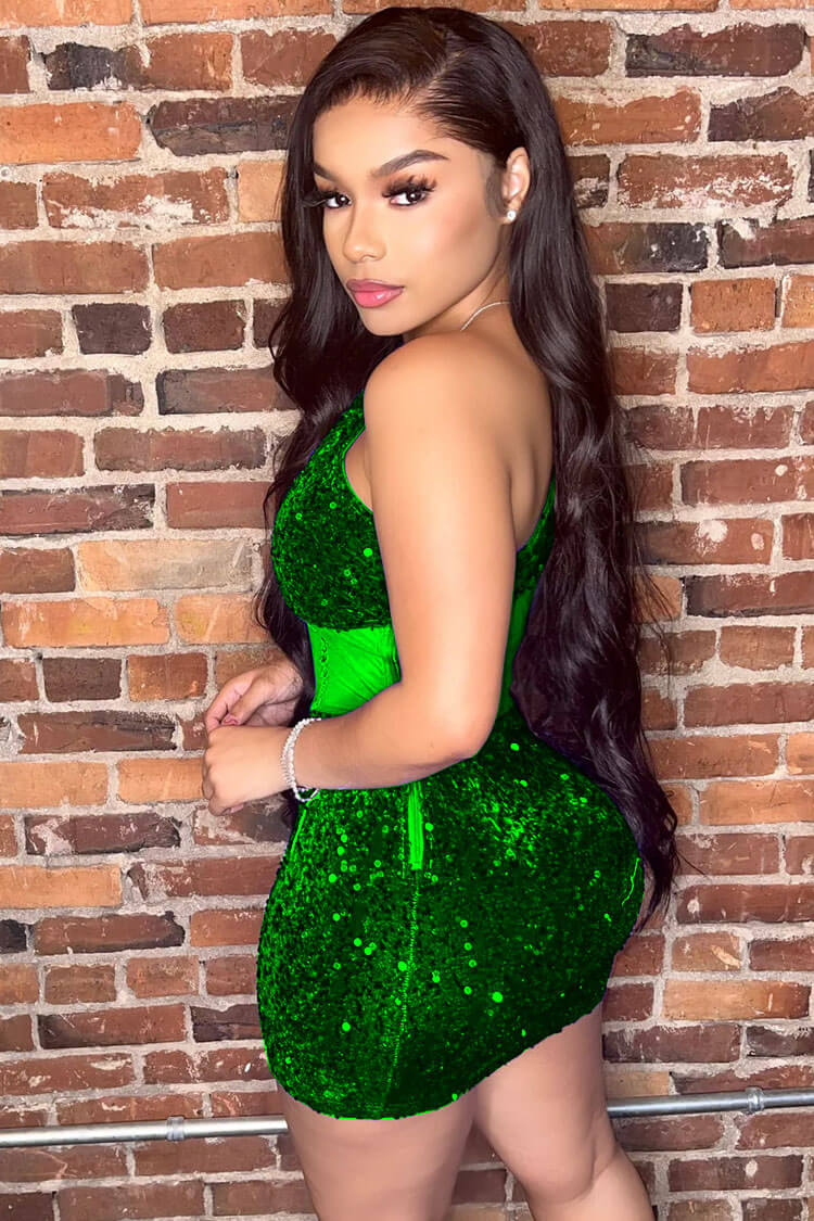 Sequined One Shoulder Mesh Velvet Sequin Bodycon Party Mini Dress - Green