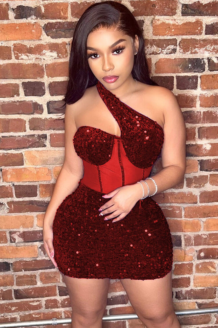 Shimmer One Shoulder Mesh Velvet Sequin Bodycon Party Mini Dress - Red