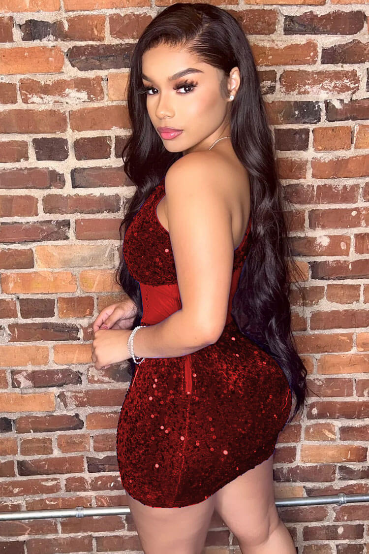 Shimmer One Shoulder Mesh Velvet Sequin Bodycon Party Mini Dress - Red