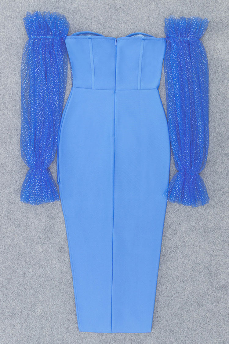 Puff Sparkly Sleeve Off Shoulder Corset Mesh Bandage Midi Dress - Blue