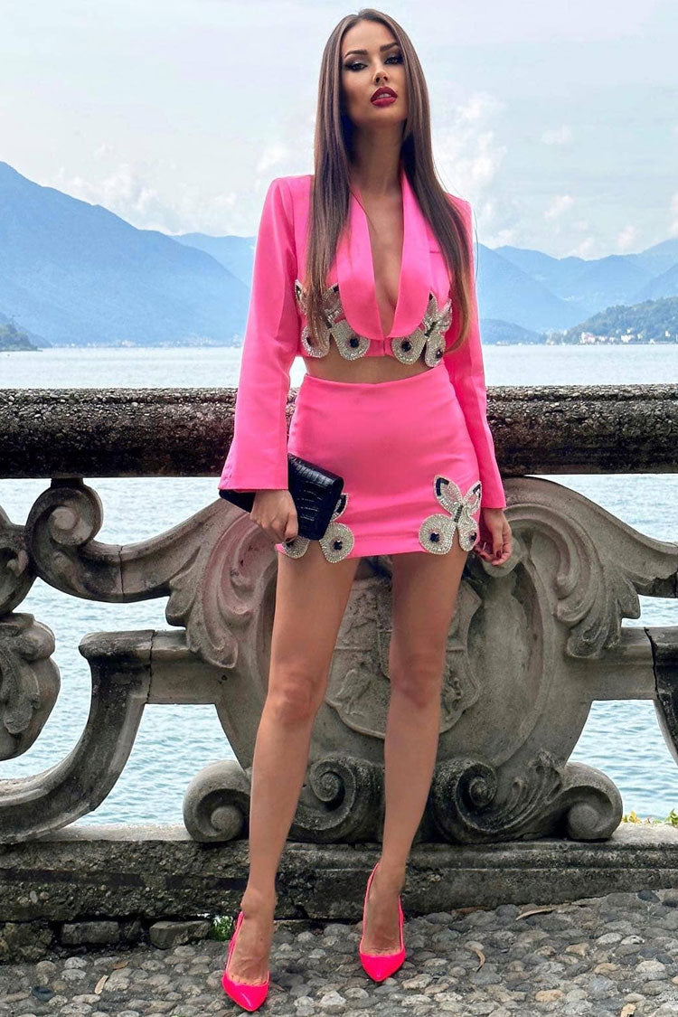 Shimmer Rhinestone Butterfly Lapel Cropped Blazer Two Piece Mini Dress - Pink