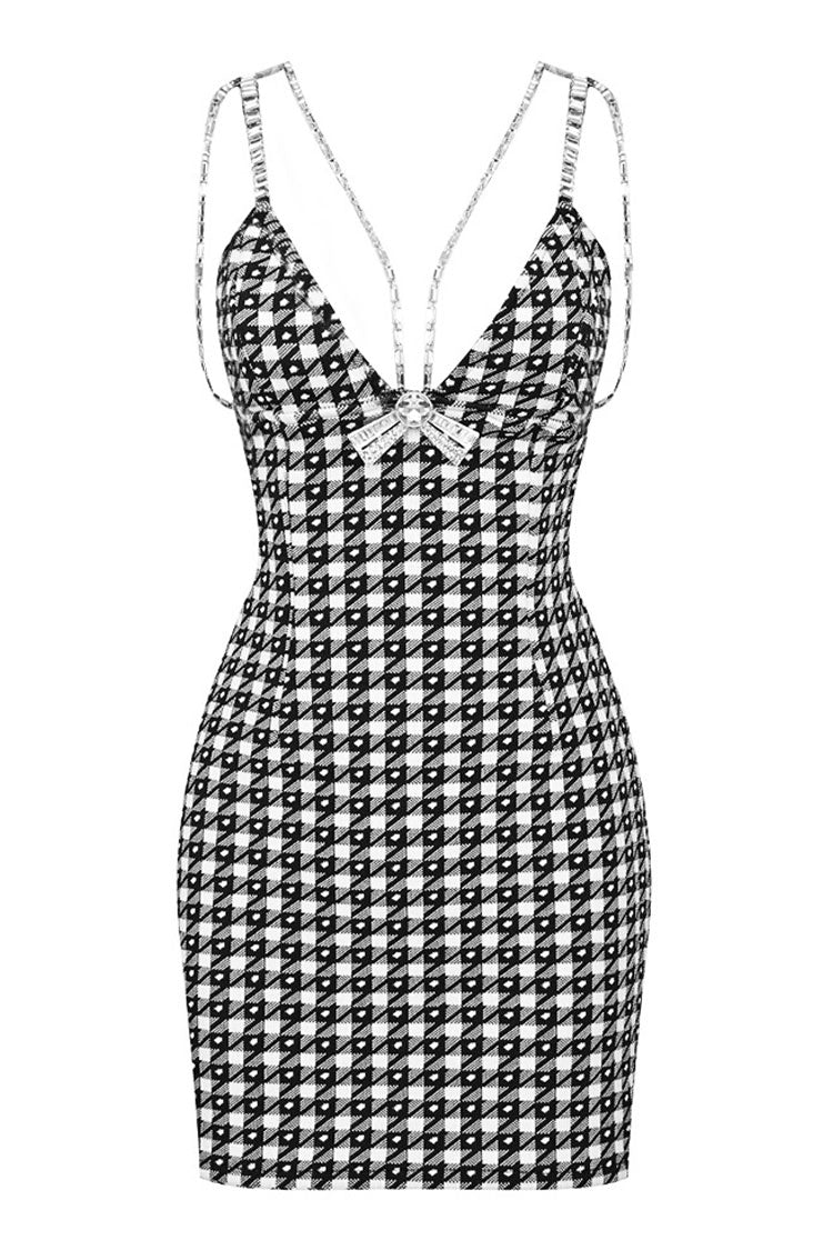 Glam Rhinestone Cami V Neck Houndstooth Print Knitted Slip Mini Dress - Black