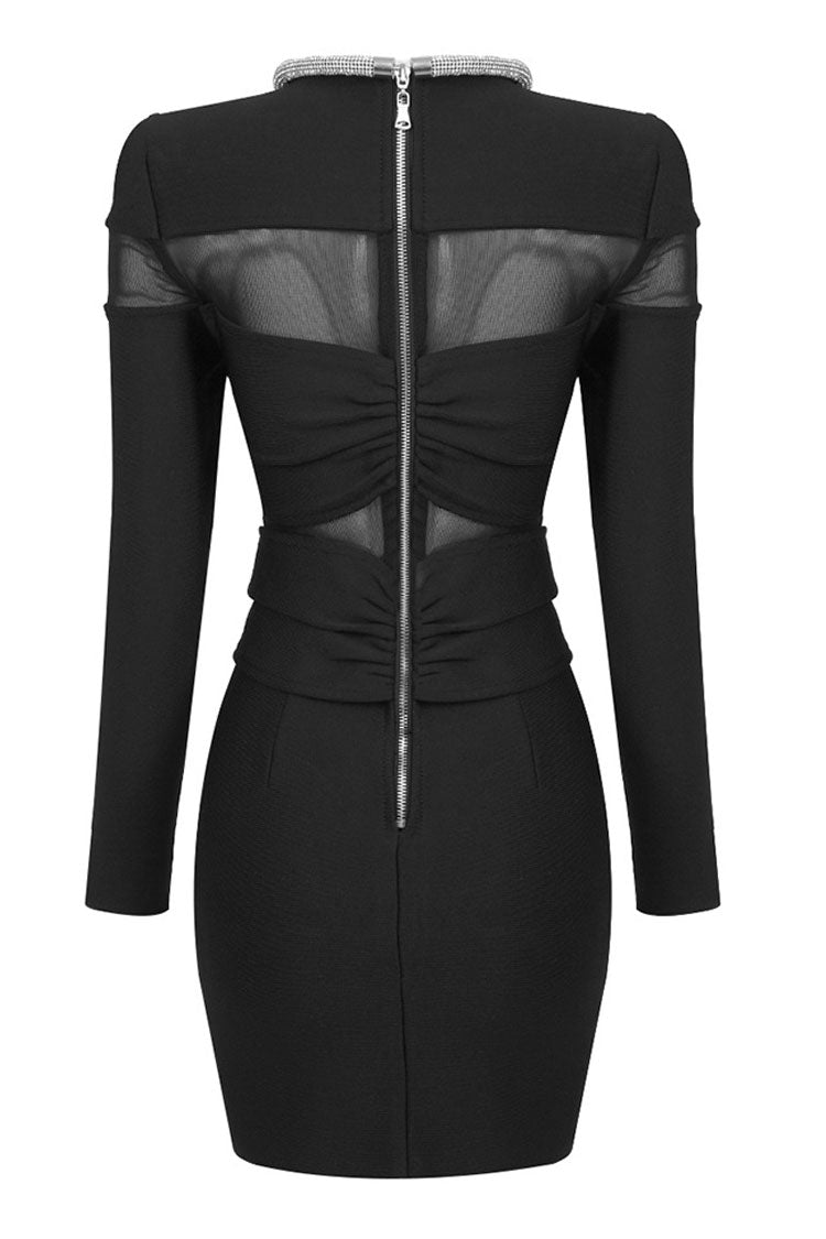 Glam Rhinestone Crew Neck Sheer Mesh Bowknot Party Mini Dress - Black